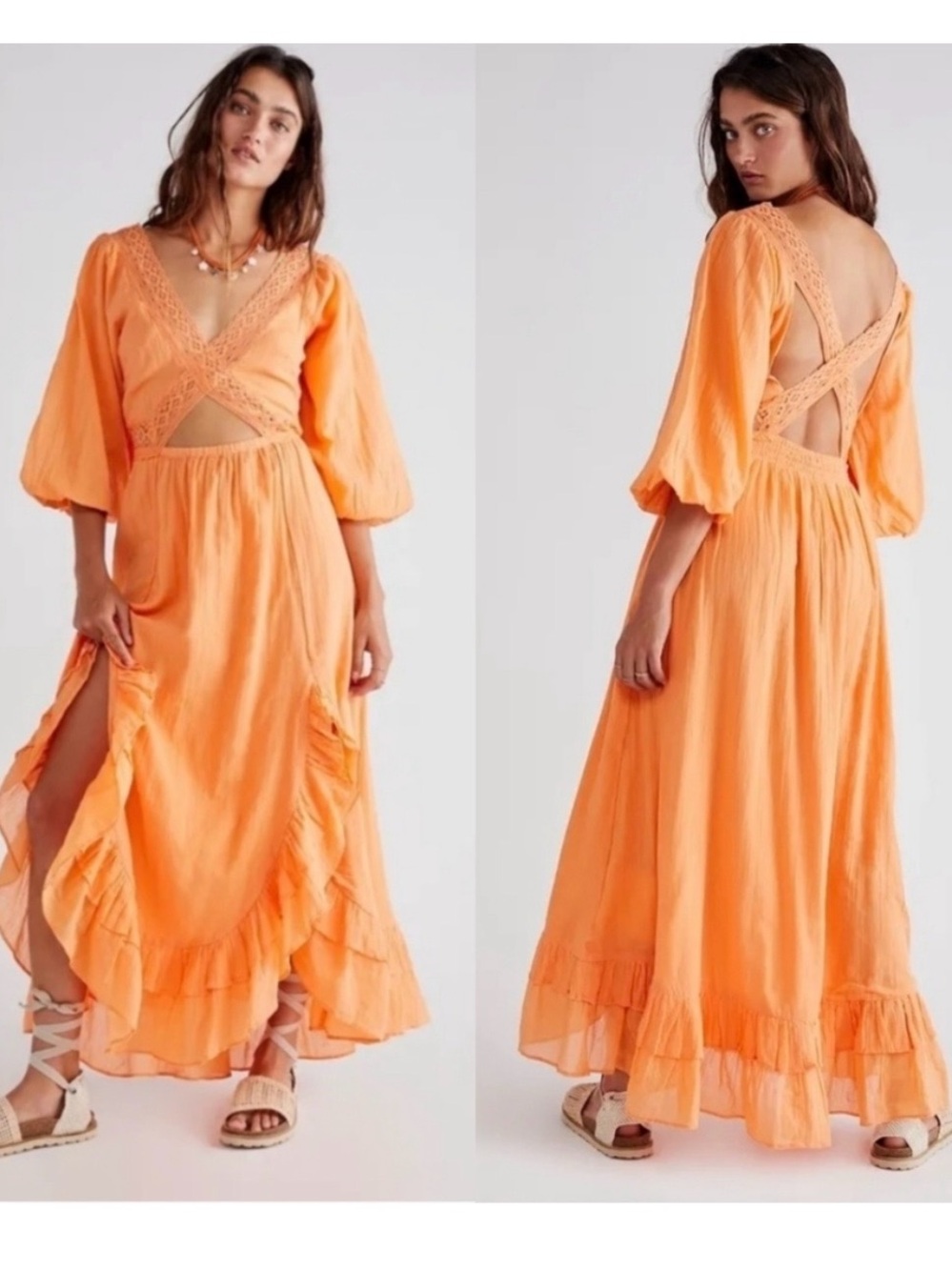 Free People Peach-Orange Puff Sleeve Maxi Dress with Cutout